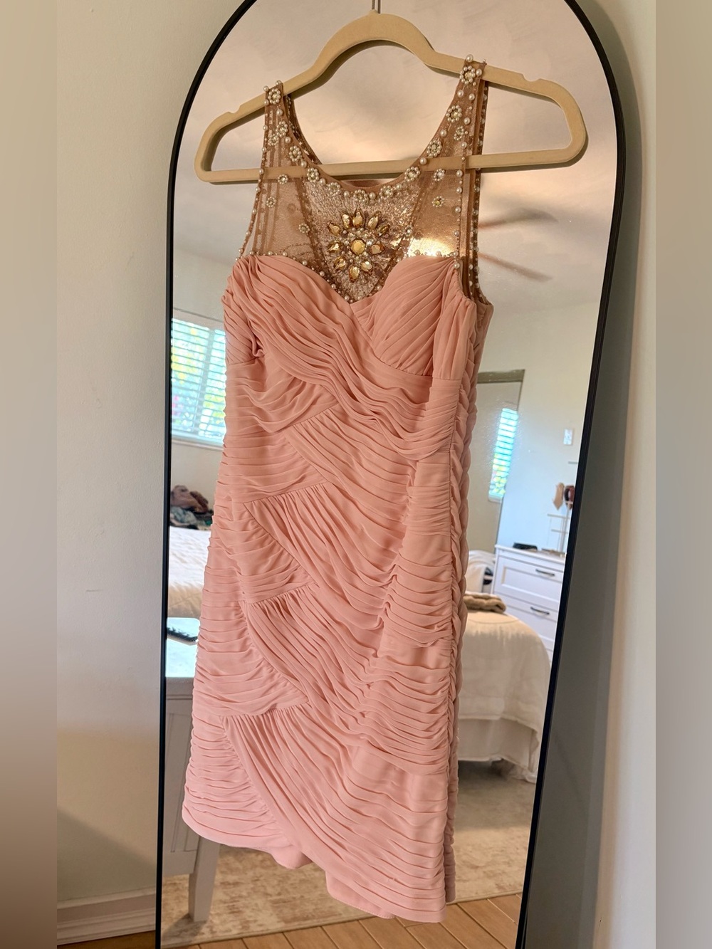 Adrianna Papell Blush Pink Beaded Illusion Neck Cocktail Dress